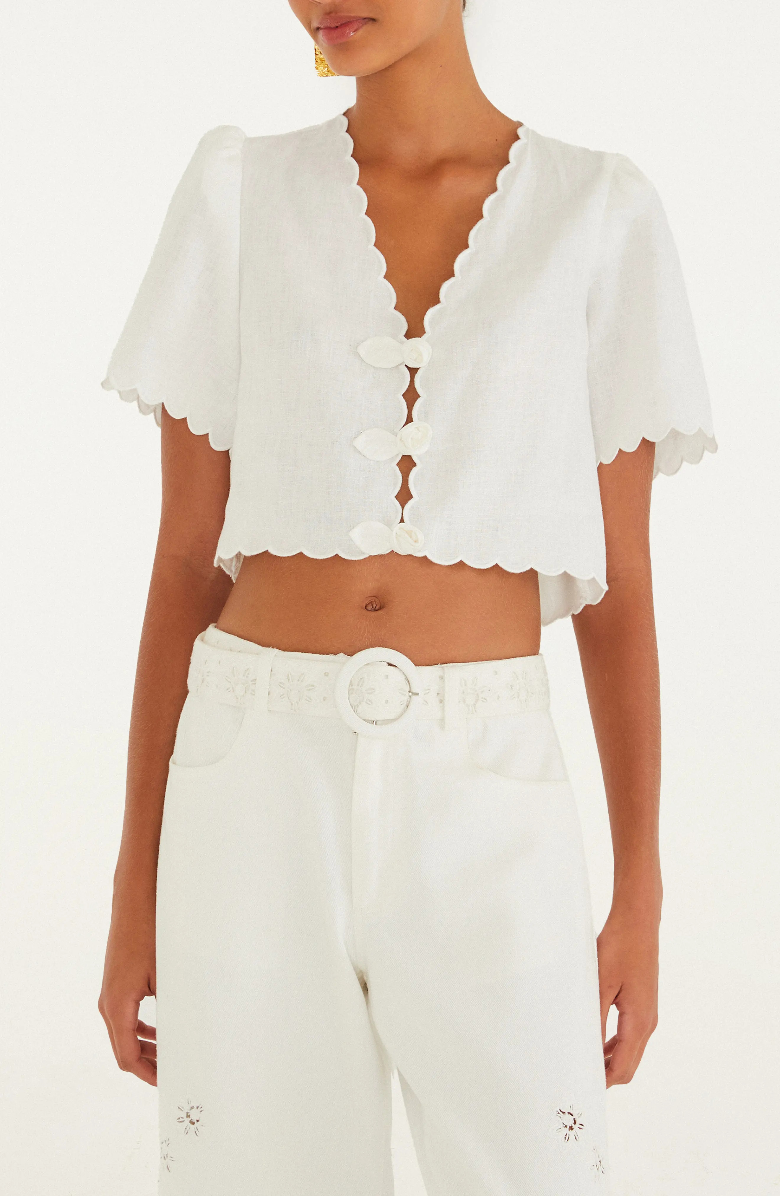 FARM Rio Roses Scallop Crop Top in Off-White at Nordstrom, Size X-Small | Nordstrom