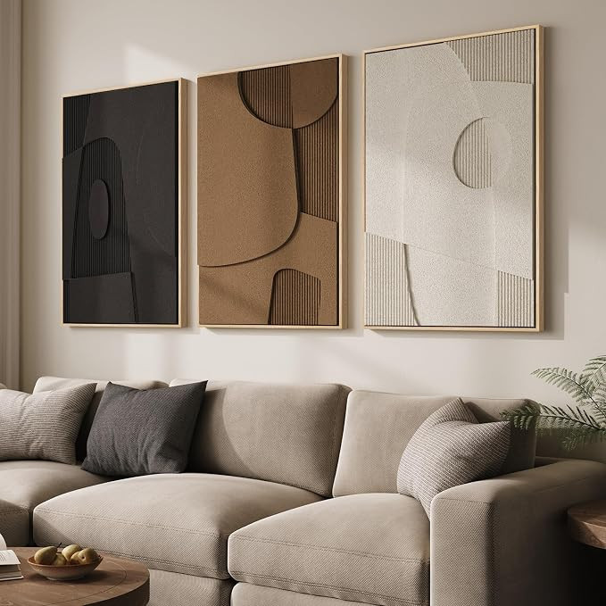 Large 3D Textured Framed Neutral Abstract Wall Art for Living Room, 3 Piece Modern Geometric Pain... | Amazon (US)