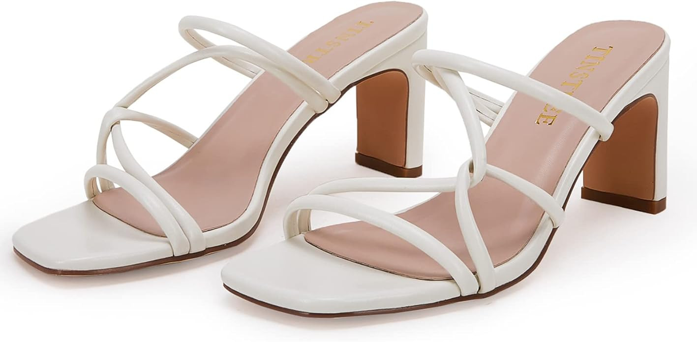 TINSTREE Strappy Heels Sandals for Women Square Toe Open Toe Heels Women's Slip On Chunky Heeled ... | Amazon (US)