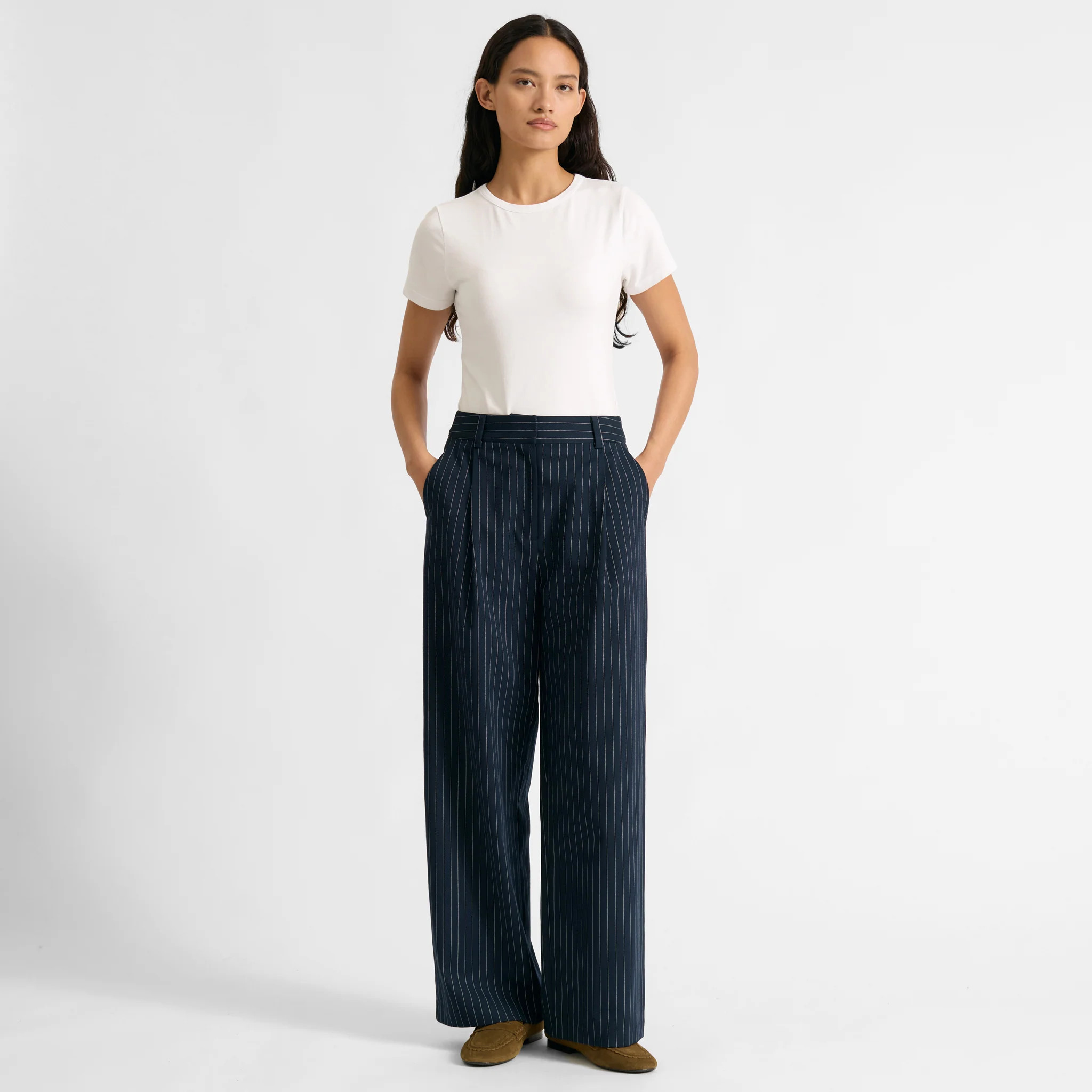 Navy Pinstripe Pleat Trouser | Albaray