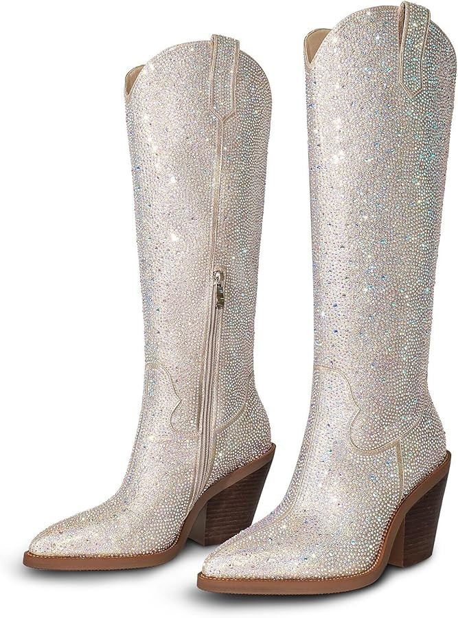 ISNOM Cowgirl Boots for Women Embroidered Western Boots with Pointed Toe Side Zipper Chunky Block... | Amazon (US)