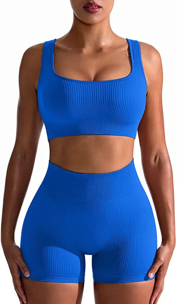 OQQ Workout Outfits for Women 2 Piece Seamless Ribbed High Waist Leggings with Sports Bra Exercis... | Amazon (US)