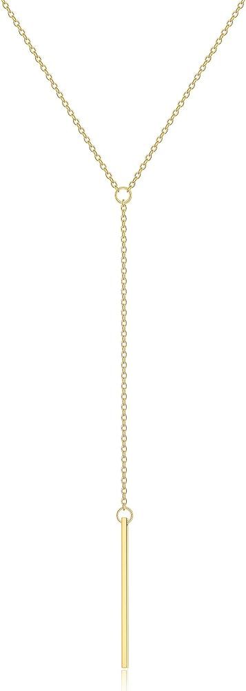 Estendly Dainty Gold Layered Bar Neckalce Moon Pendant Lariat Y Necklace 14K Gold Simple Necklace... | Amazon (US)