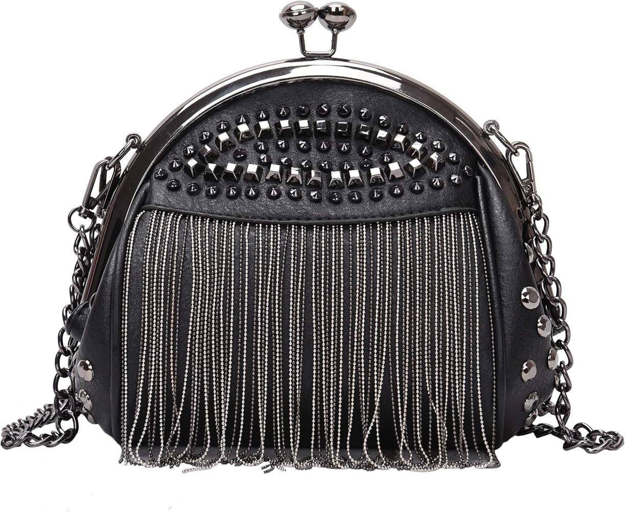Punk Style Crossbody Bags for Women Rivet Tassel Evening Clutch Purse Ladies Black Chains Shoulder B | Amazon (US)
