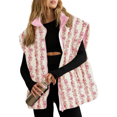 Imily Bela Womens Floral Quilted Puffer Coat Winter Warm Oversized Vest Cap Sleeve Yellow M | Target