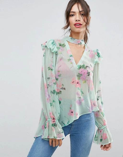 ASOS Floaty Blouse in Mint Floral with Neck Band | ASOS UK