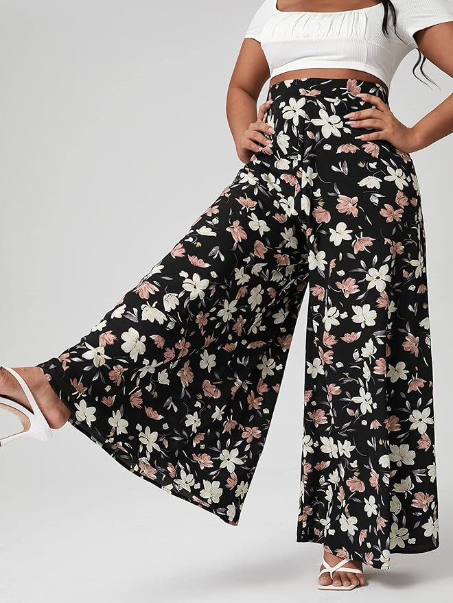 Floerns Women's Plus Size Floral Print Summer Beach Wide Leg Palazzo Pants | Amazon (US)