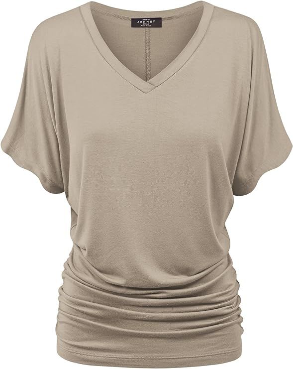Made by Johnny Women's Solid Short Sleeve Boat Neck V Neck Dolman Top with Side Shirring-Made in ... | Amazon (US)