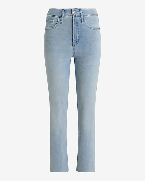 High Waisted Light Wash Raw Hem Straight Ankle Jeans | Express