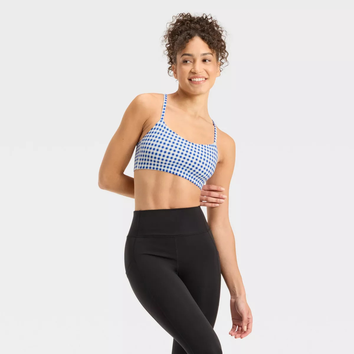 Women's Everyday Soft Light Support Strappy Sports Bra - All In Motion™ Black Gingham XS | Target