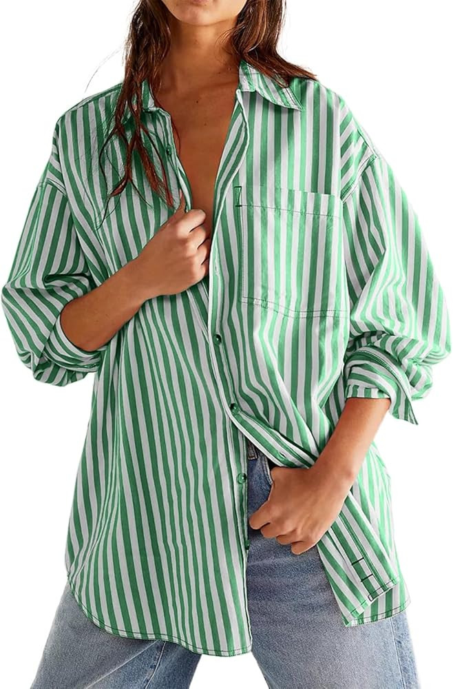 CHYRII Womens Overisized Striped Button Down Shirt Casual Long Sleeve Blouse Top | Amazon (US)
