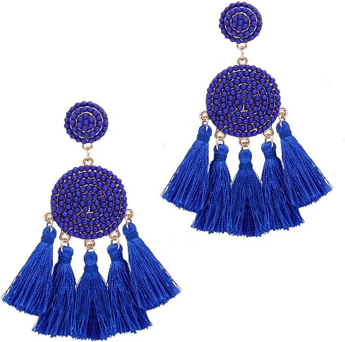 XOCARTIGE Beaded Tassel Earrings for Women Thread Fringe Drop Dangle Earrings Bohemia Statement S... | Amazon (US)