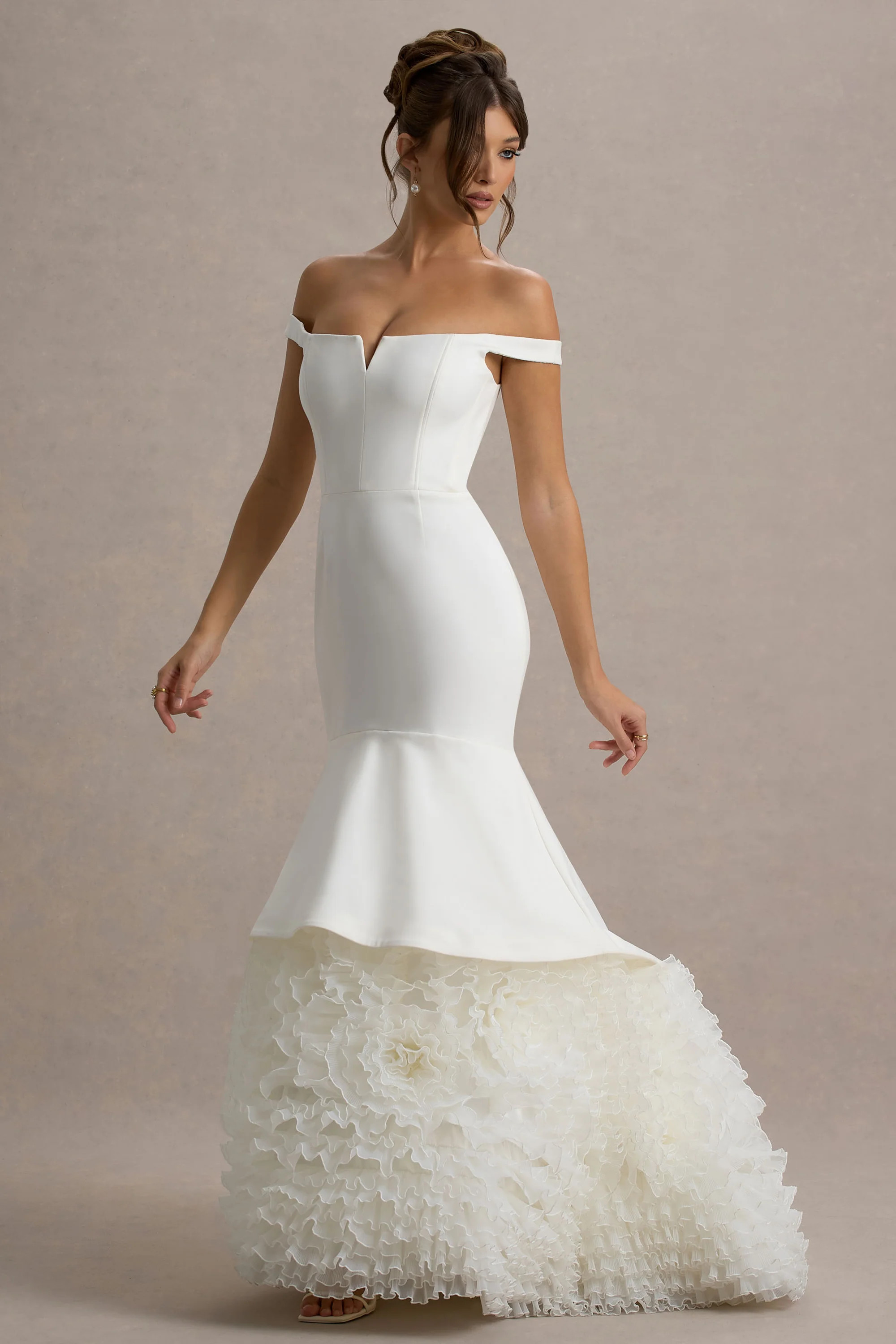 The Greatest  White & Cream Bardot Maxi Dress With Tulle Skirt | Club L London