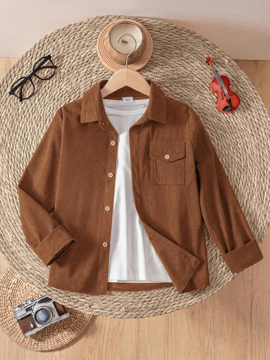 Young Boy Casual Corduroy Long Sleeve Shacket, Khaki | SHEIN