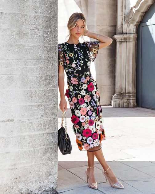 Georgina Floral Applique Midi Dress - Black | VICI Collection
