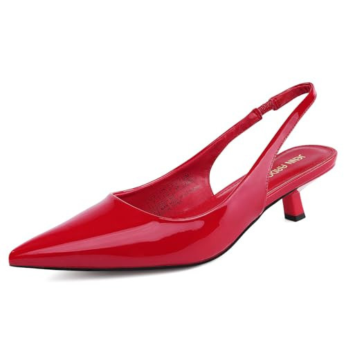 JENN ARDOR Red Kitten Heels for Women Slingback Dressy Pumps Short Low Heeled Sandals Pointed Toe Fashion Casual Frech Chic Shoes Size 8.5 | Amazon (US)