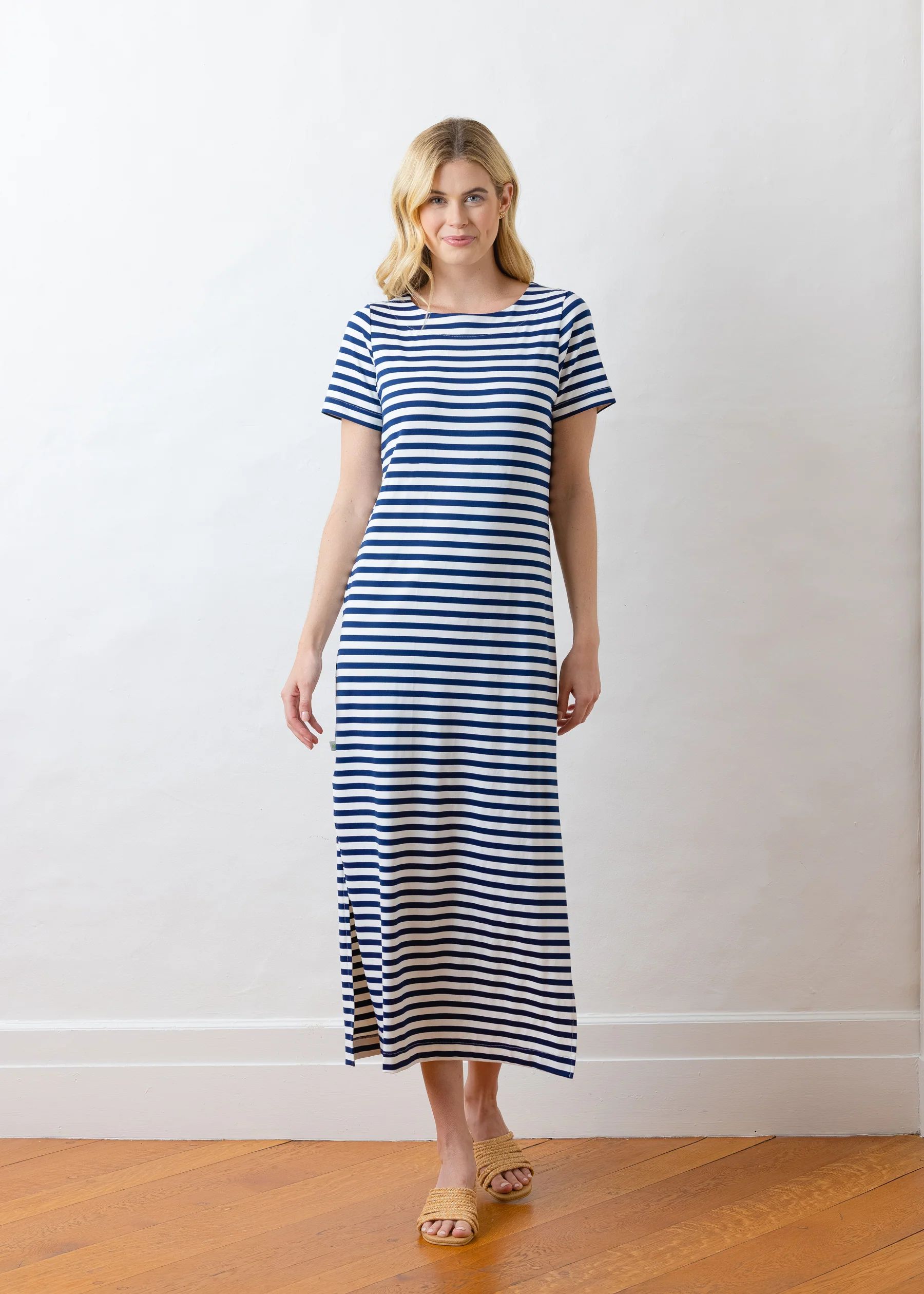 Devon Dress in Repreve® Striped Jersey (Navy / White) | Dudley Stephens