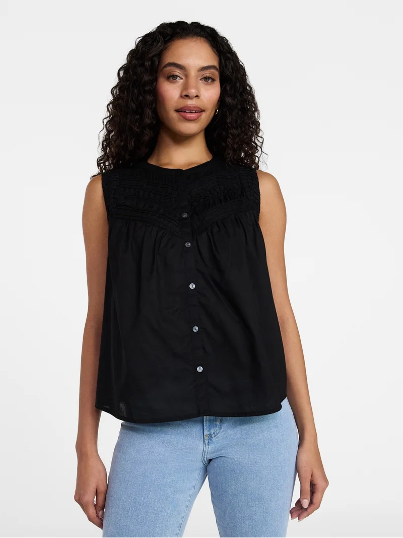 Time and Tru Women's Cotton Sleeveless Pleated Top, Sizes XS-XXXL | Walmart (US)