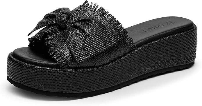 Coutgo Womens Platform Wedge Sandals Bow Open Toe Slide Sandals Straw Slip On Summer Beach Shoes | Amazon (US)