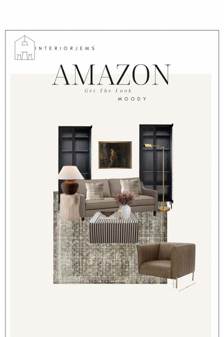 Amazon living room, moody design, get the look, bookcase, brown sofa, leather chair, modern design, mainly affordable, loloi rug, Amber Lewis loloi, 

#LTKhome #LTKstyletip #LTKsalealert