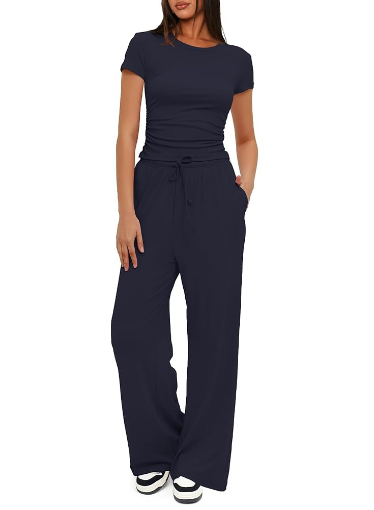 Darong Women's 2 Piece Outfits Lounge Sets Ruched Short Sleeve Tops High Waisted Wide Leg Pants T... | Amazon (US)