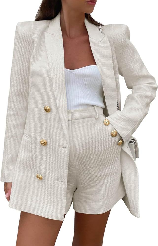 Cicy Bell Womens 2 Piece Tweed Blazer Shorts Sets Long Sleeve Double Breasted Suit Jackets Busine... | Amazon (US)