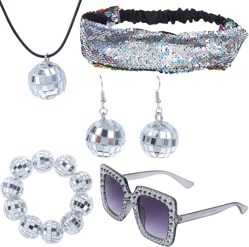 5 Pieces 1970s Disco Accessories Disco Set Ball Earrings Necklace Bracelet Bling Headband and Su... | Amazon (US)