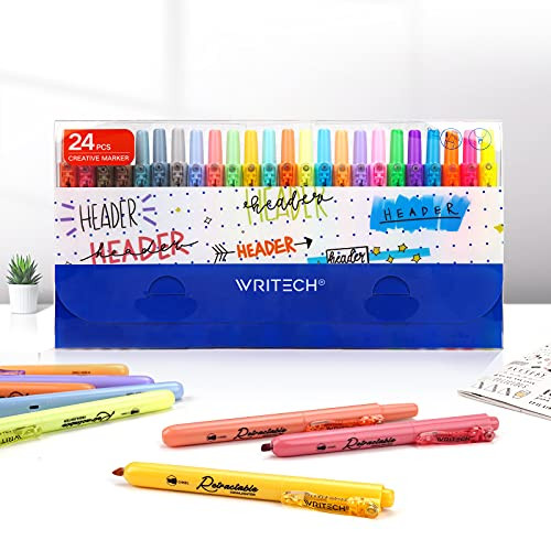 WRITECH Retractable Highlighters Assorted Colors: Chisel Tip Click Aesthetic Highlighter Marker Pens Pack Multi Colored Ink No Bleed Smear for Highlighting Journaling (24ct Mild+Vintage+Neon+Pastel) | Amazon (US)