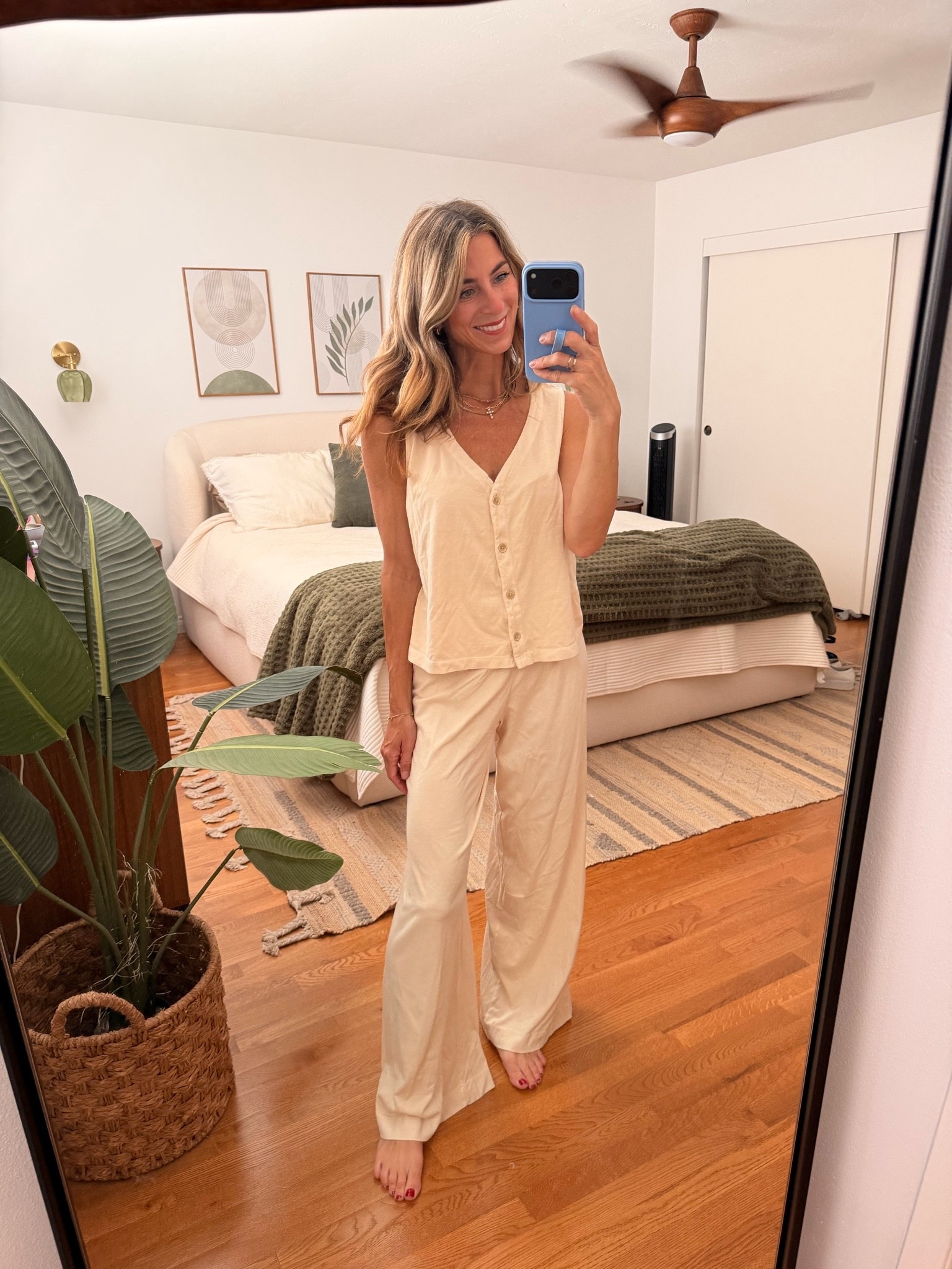 An affordable little matching set that gives me the same easy, elevated feel as some of my Z Supply favorites. 🤍 They call this color white, but I’d definitely describe it as more of a soft apricot/peach in person. If I were choosing again, I’d probably grab the blue! Still such an easy lightweight set for summer, travel or throwing on when you want to look put together without much effort. Wearing an XS in both the top + bottom. I’ll link some z supply too

affordable matching set, two piece set, summer matching set, linen matching set, neutral matching set, apricot outfit, peach matching set, wide leg pants, button front tank, summer outfit, vacation outfit, travel outfit, resort wear, casual summer outfit, elevated basics, mom style, affordable fashion, Z Supply inspired, summer travel outfit, easy summer outfit
