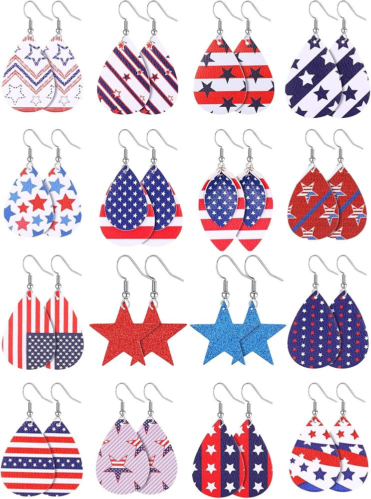 16 Pairs 4th of July Earrings American Flag Faux Leather Earrings Stars Stripes Teardrop Earrings... | Amazon (US)