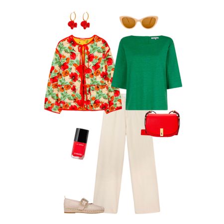 Spring quilted jacket in green and red paired with wide leg jeans in cream, green linen top, cream sunglasses and espadrilles and a red bag

#LTKstyletip #LTKSeasonal #LTKover40