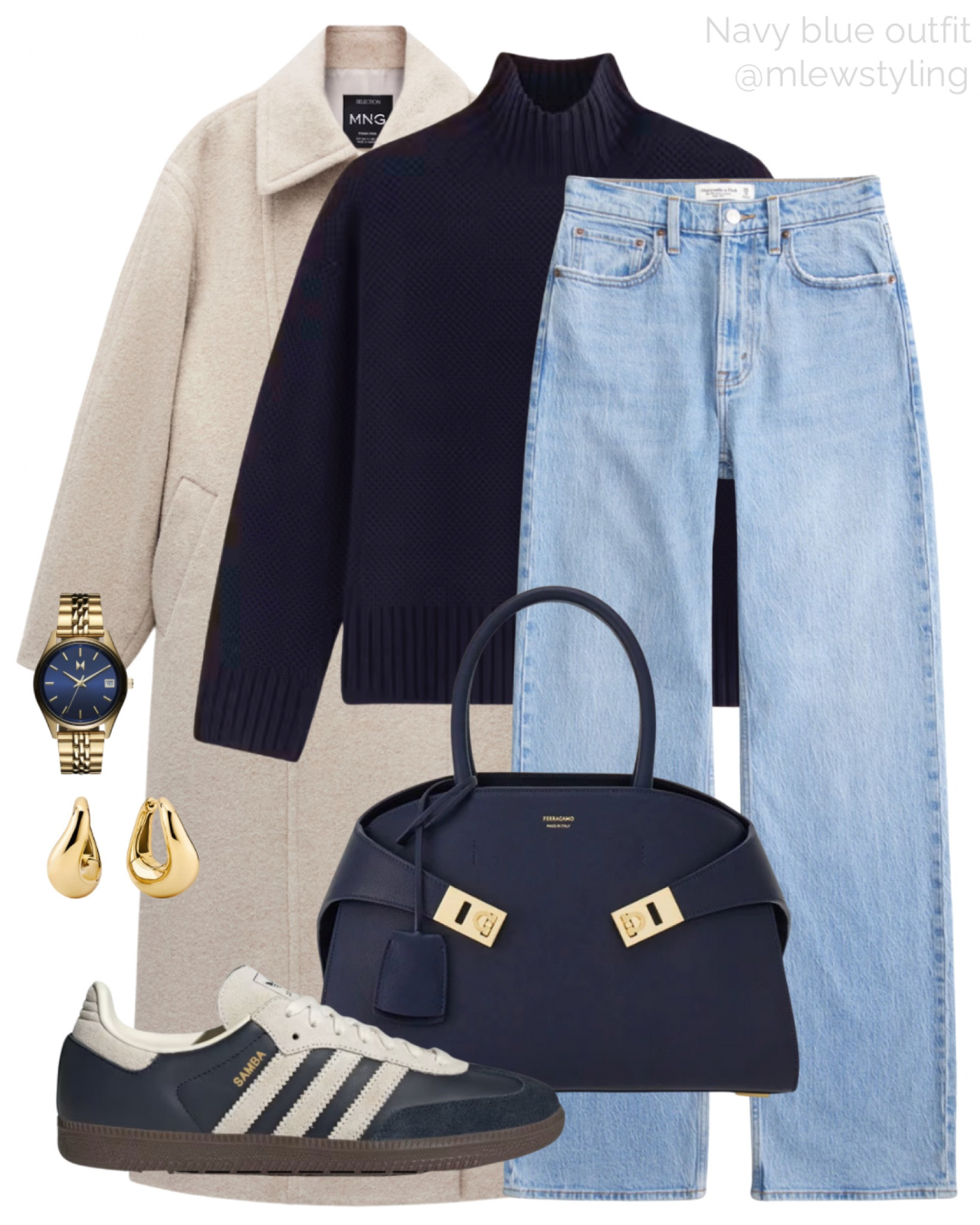 A navy blue winter outfit with a wool coat, Abercrombie jeans, a navy blue sweater, Adidas sambas, a gold and blue watch, and a navy blue Ferragamo hug handbag 💙

Tags: everyday outfit, weekend look, neutral aesthetic, blue sneakers, mango winter coat, everlane knit 

#LTKShoeCrush #LTKItBag

#LTKSeasonal