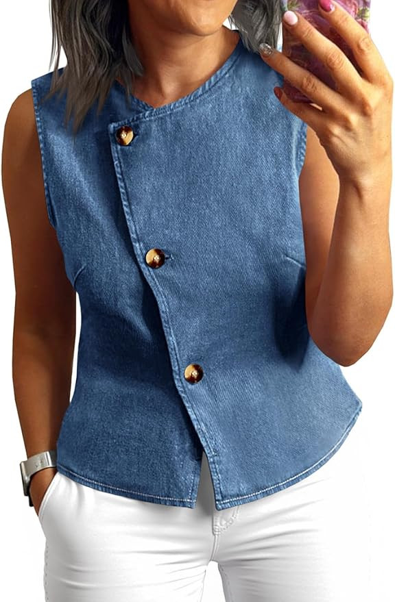 Tankaneo Women Denim Vest Tops Button Down Sleeveless Fitted Jean Tank Tops Trendy Casual Waistco... | Amazon (US)