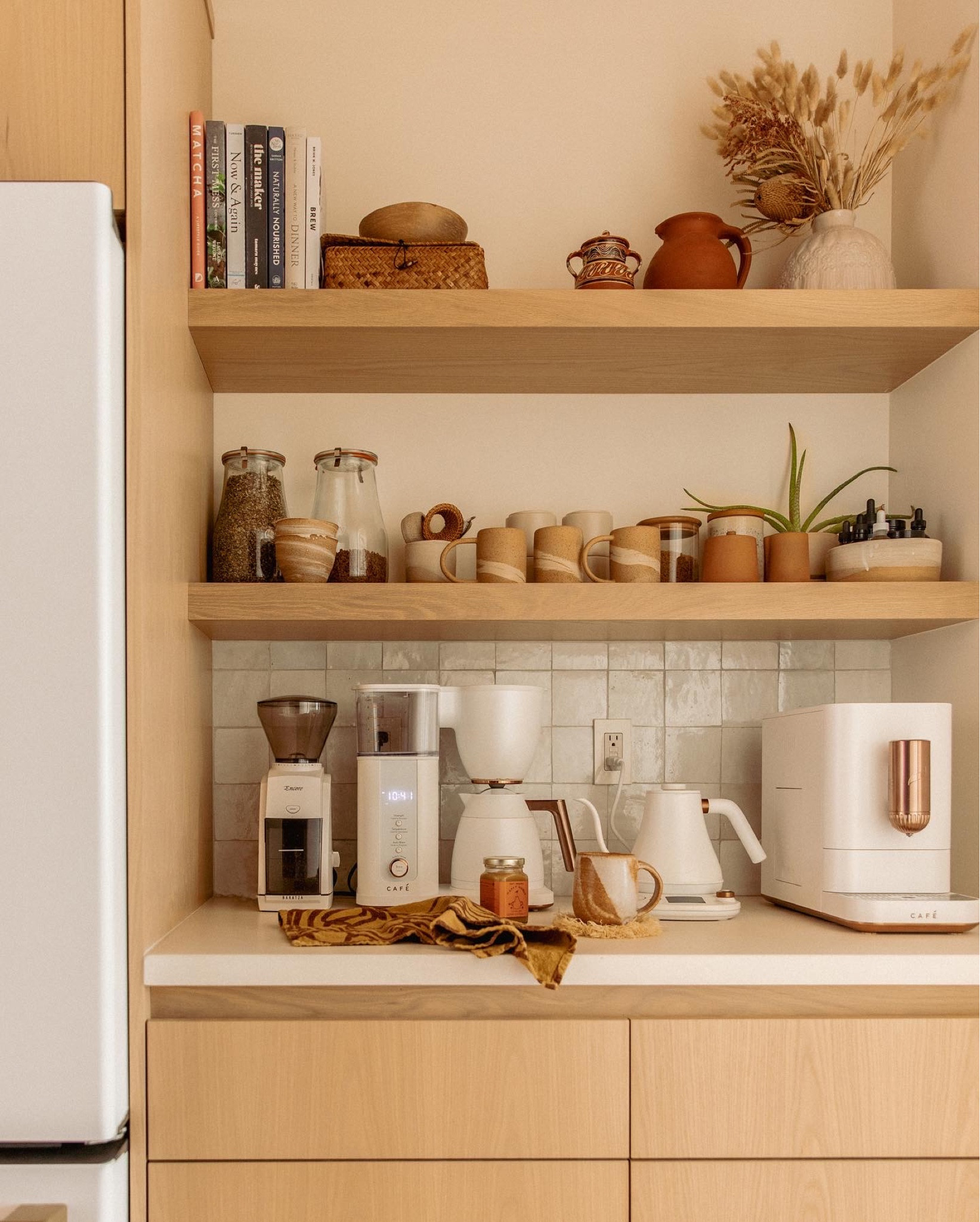 Coffee nook - earthy kitchen - natural wood kitchen - white appliances - coffee maker 

#LTKhome