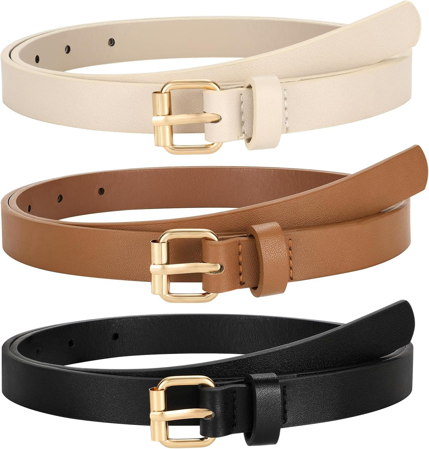 3 Pack Women Skinny Leather Belt for Jeans Pants Dress Ladies Thin Waist Belt with Gold Buckle | Amazon (US)