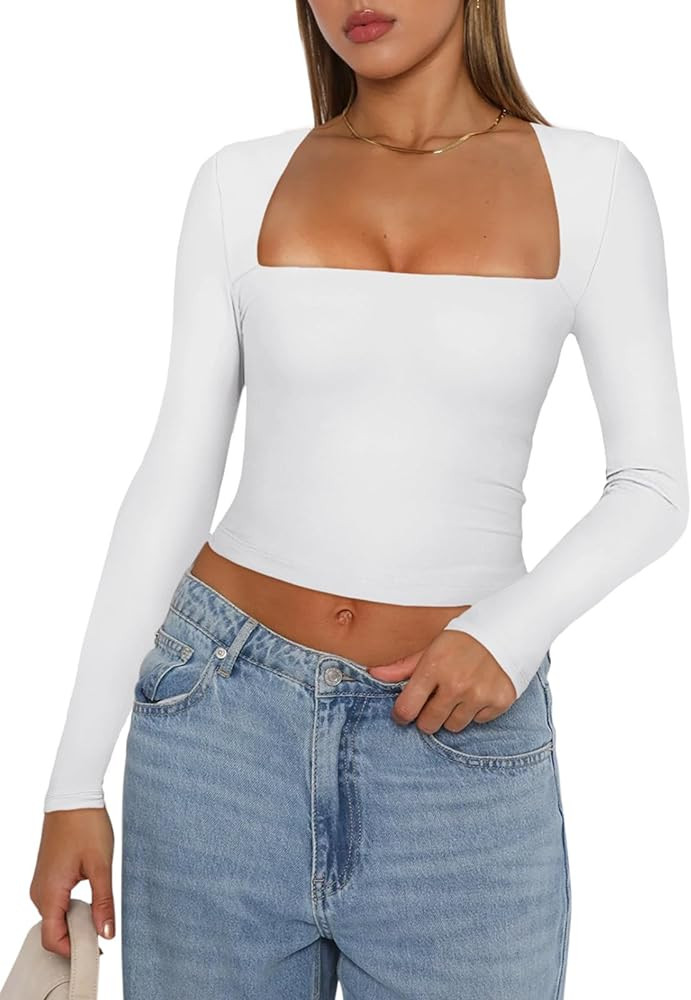REORIA Women's Basic Sexy Square Neck Long Sleeve Y2K Going Out T Shirt Crop Top | Amazon (US)