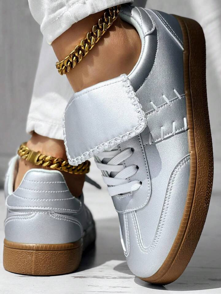 Women's Casual Metallic Silver Sneakers, Lace-Up Comfortable Lightweight Flat Shoes, School Style... | SHEIN