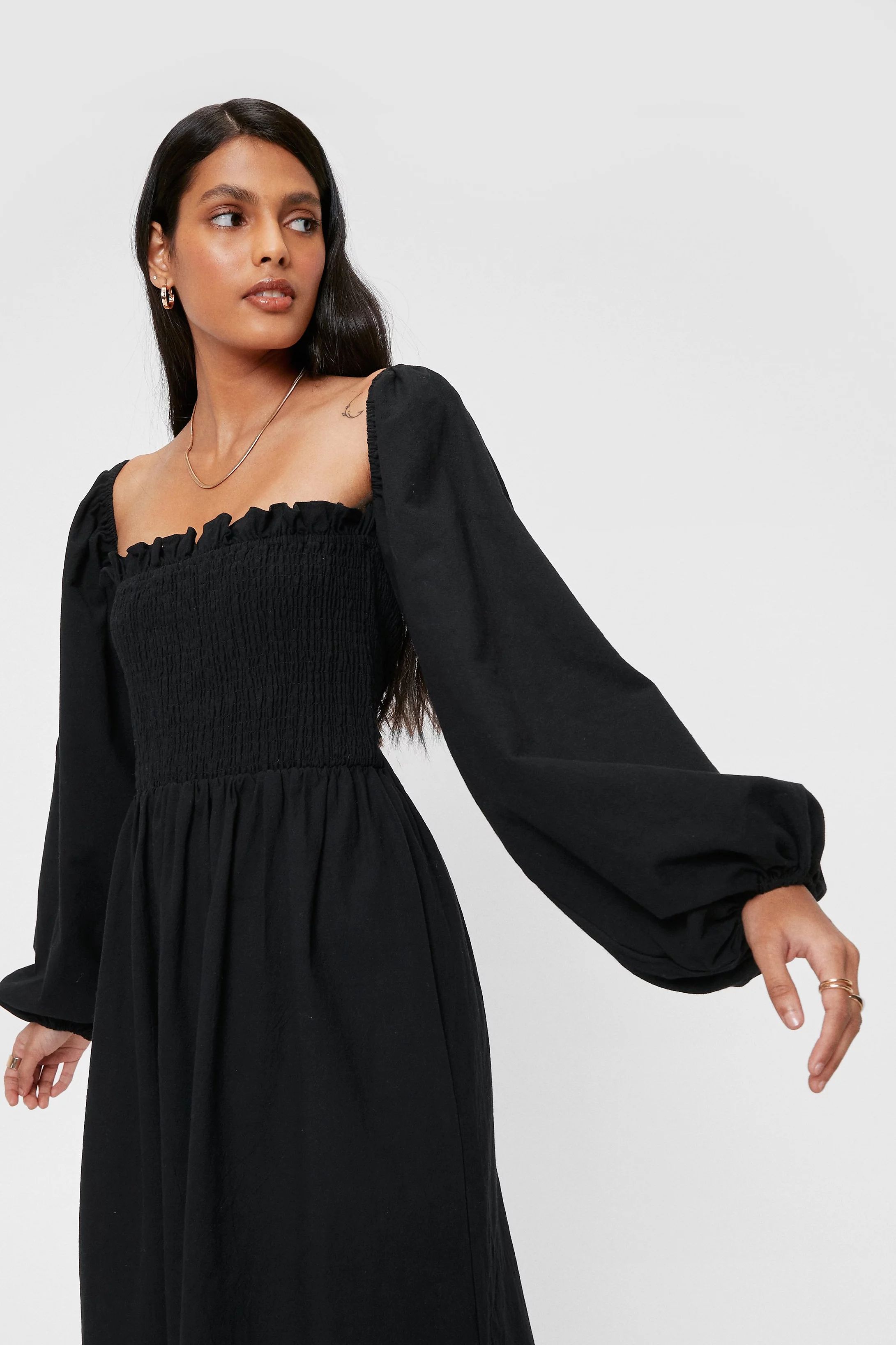 Puff Sleeve Linen Look Midi Smock Dress | Nasty Gal (US)