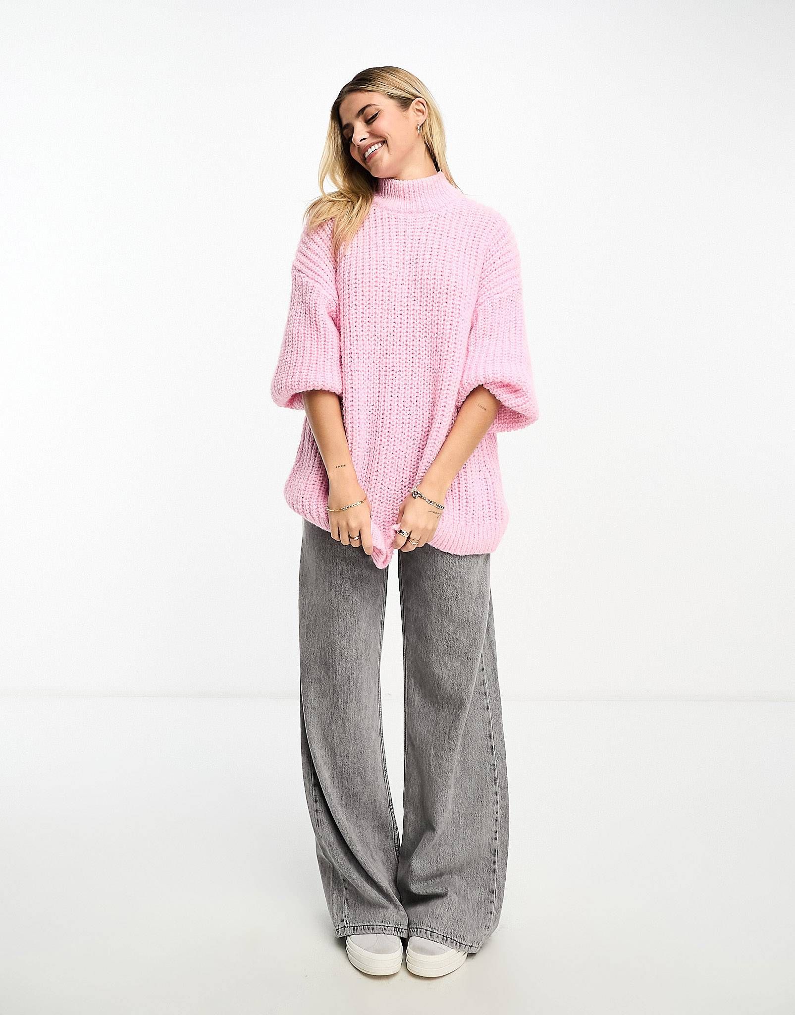 Monki high neck chunky rib knit sweater with volume sleeve in pink | ASOS | ASOS (Global)