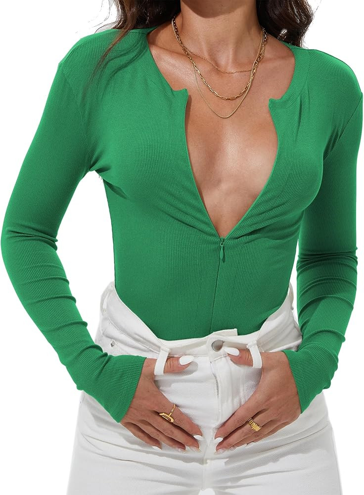 iGENJUN Women Ribbed Long Sleeve Bodysuit Invisible Zip Up Crew Neck Body Suit | Amazon (US)