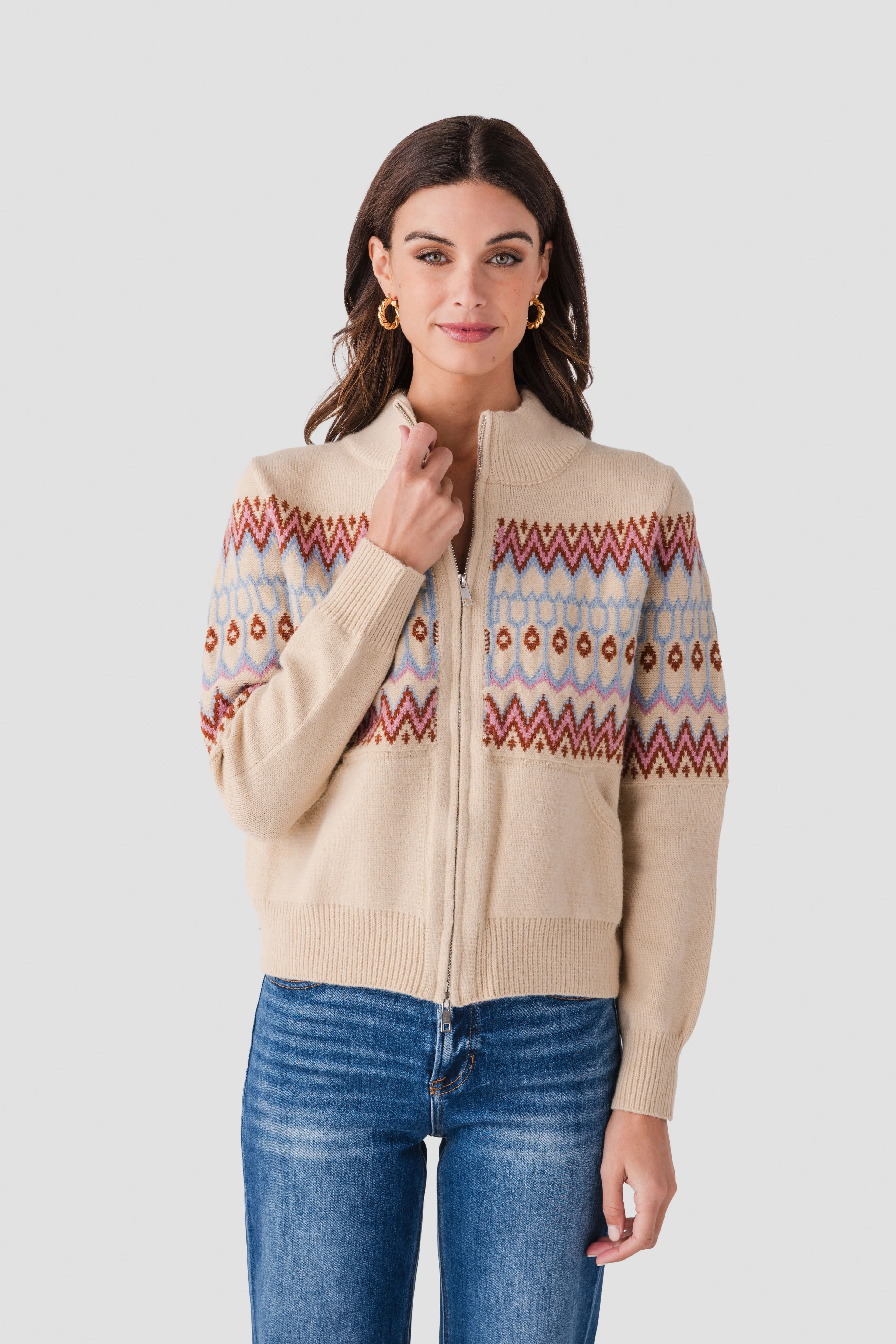 &Merci Fair Isle Zip Up Sweater Cardigan | Social Threads