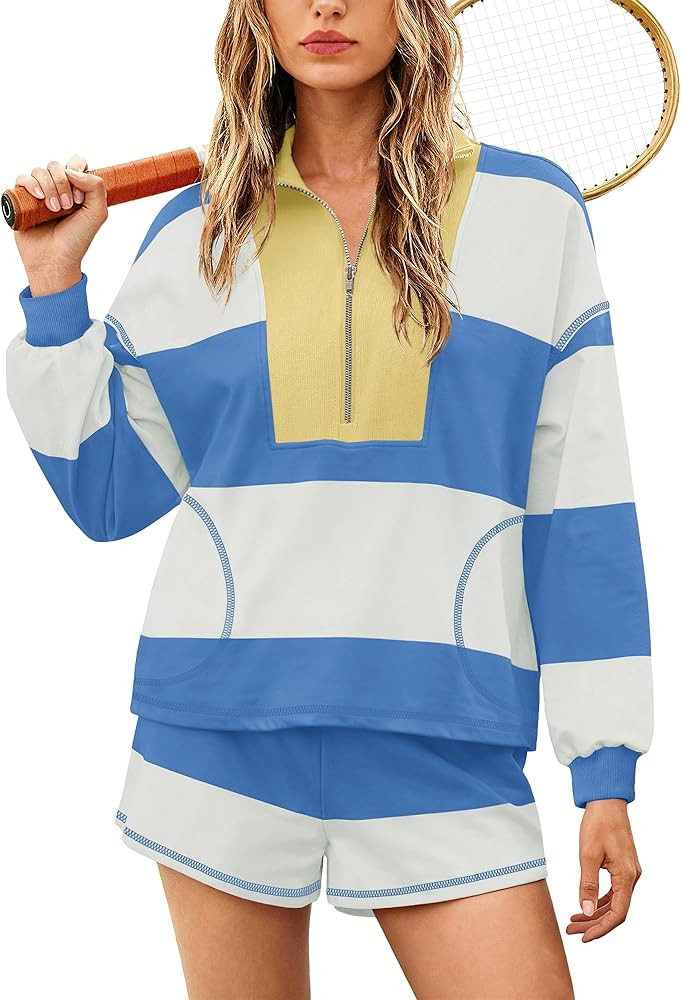 Yanekop Womens Oversized Striped Set Matching Workout Sets Lounge Sets 2 Piece Outfits Half Zip P... | Amazon (US)