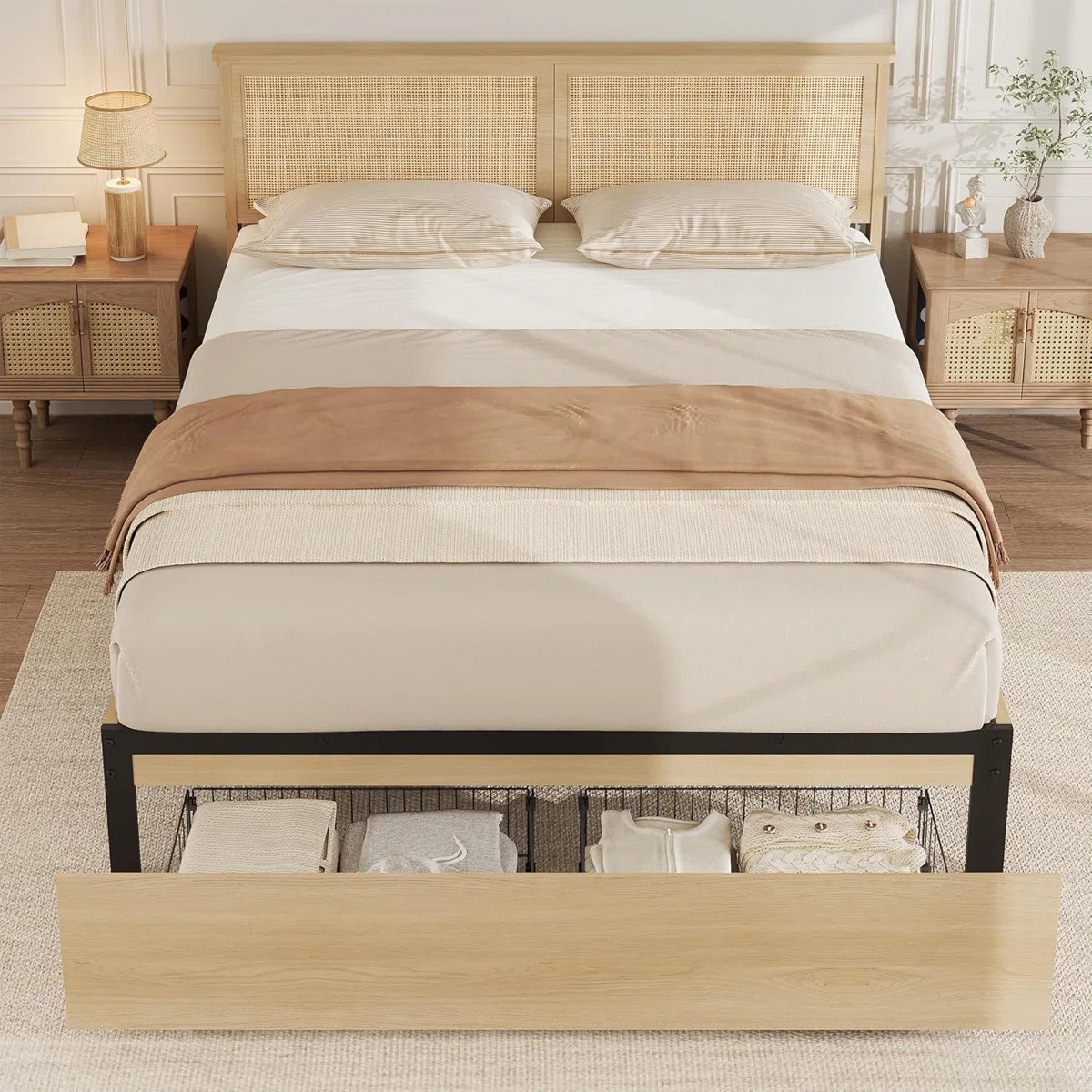 Rattan Bed Frame Full Size Bed Frame with 2 Drawers, Wooden Platform Bed with Rattan Headboard, L... | Wayfair North America