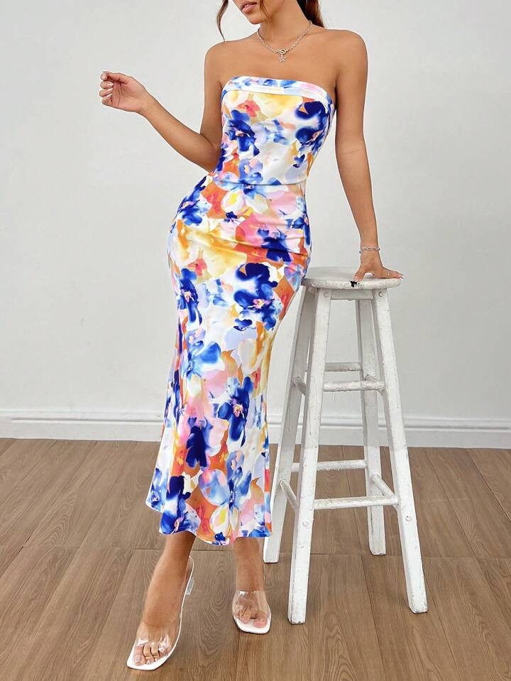 SHEIN PETITE Summer Floral Print Back Hollowed Out Long Dress Dress | SHEIN