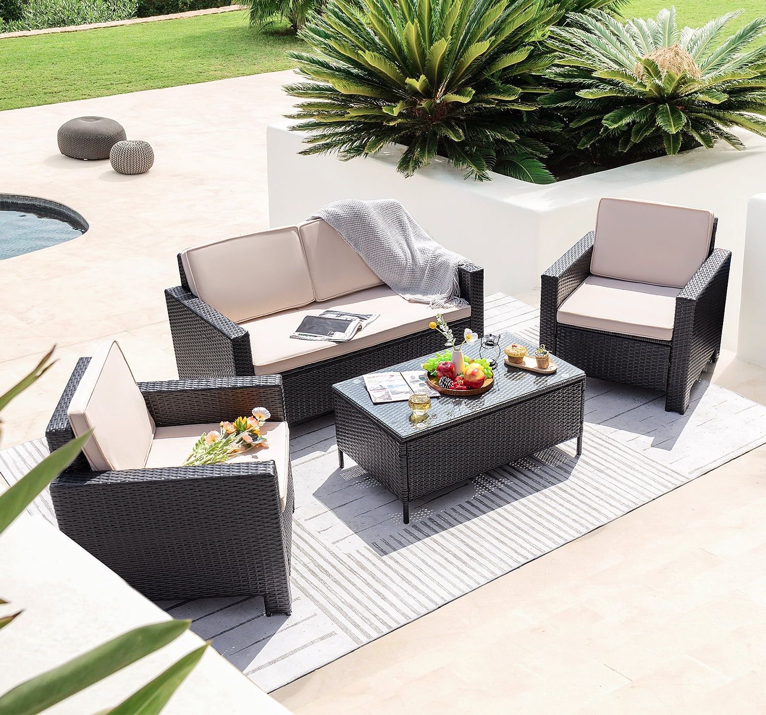 Lacoo 4-Piece Outdoor Indoor Patio Conversation Set with Cushions, Black/Beige | Walmart (US)