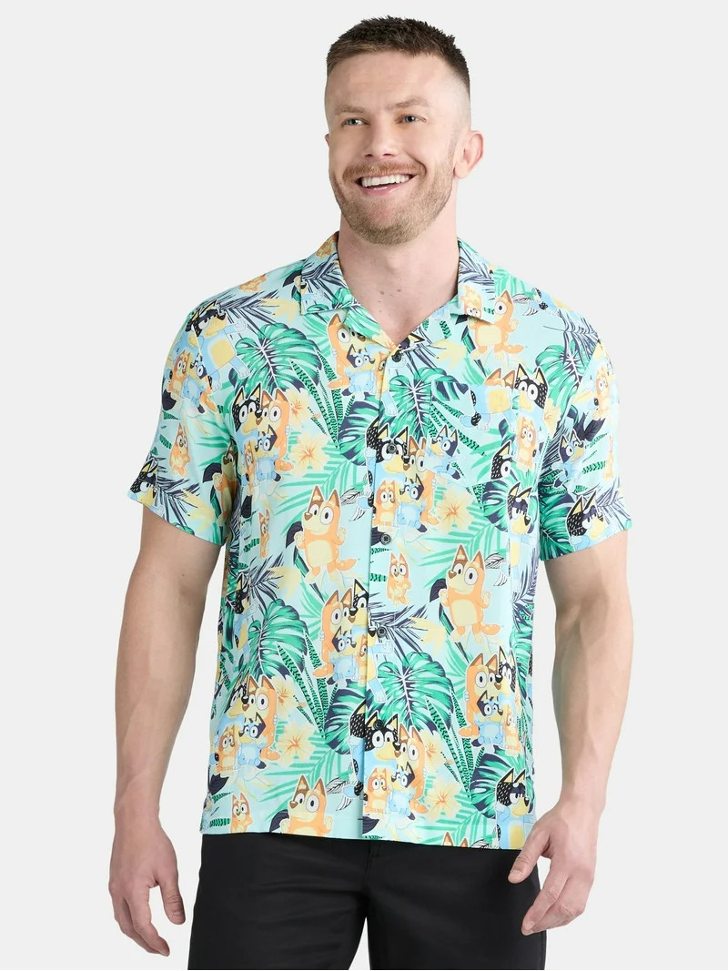 Bluey Men's Hawaiian Print Button-Up Shirt with Short Sleeves, Sizes XS-3XL | Walmart (US)