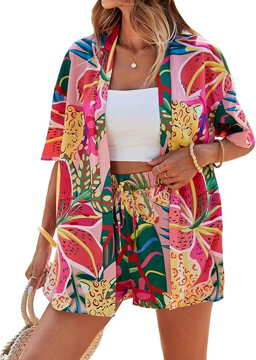 SOLY HUX Women's Summer 2 Piece Outfits Hawaiian Tropical Print Open Front Half Sleeve Kimono and... | Amazon (US)