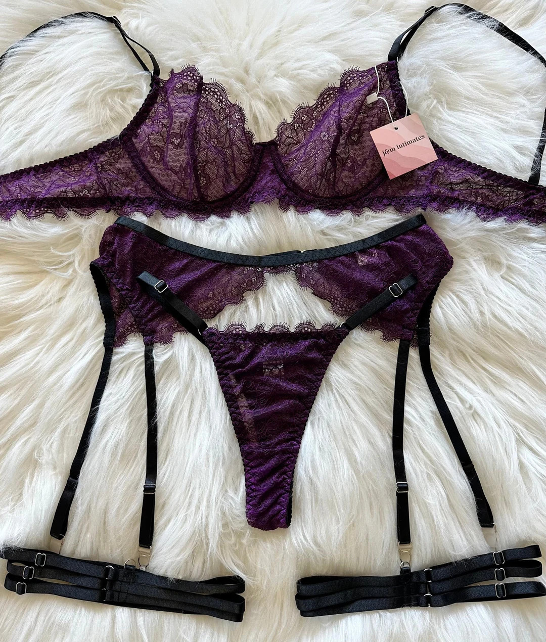 Deep Plum Floral Soft Lace Lingerie Set With, Garter Belt, Thigh Straps, Gift for Women - Etsy | Etsy (US)
