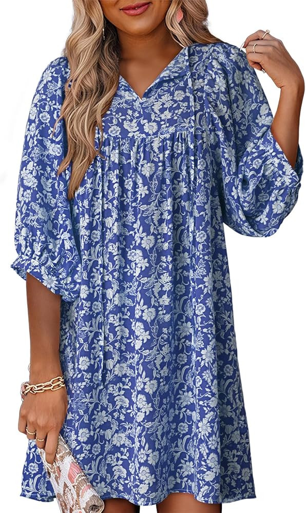 Womens Summer Dresses 2025 Boho Floral Drawstring V Neck Chiffon Lantern Sleeve Beach Vacation Mi... | Amazon (US)