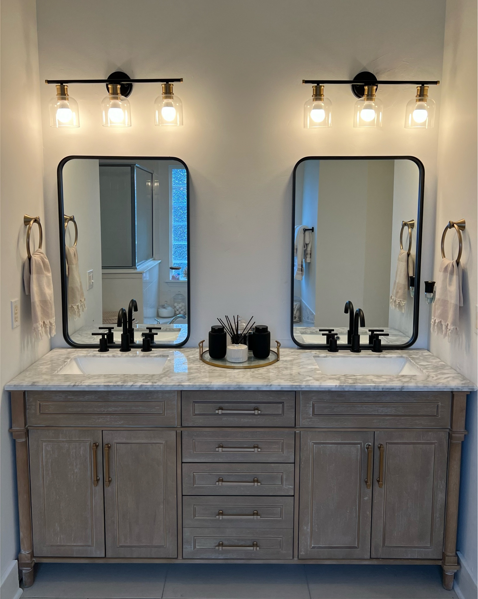 Bathroom Renovations. Home Collectors Aberdeen Vanity in Antique Oak. Amazon fixtures and touches. 

#LTKFind #LTKhome
